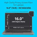 Kensington High Clarity Privacy Screens Filter for 16 inch 16:9 Laptops, Easy Installation Privacy Filter, Anti-Glare, 2H Hardness Protection, Compatible with HP Lenovo Samsung Asus HC160A169A