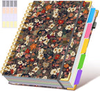 Hardcover Spiral Notebook 8.5"x11" Journal with Removable Dividers Tabs, 300 Pages Leather 5 Subject Notebook College Ruled, Large A4 Notebooks for Work School, Lined Journal for Women, A4 Flower
