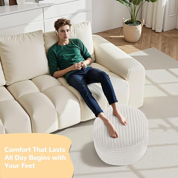 MeMoreCool Stuffed Round Pouf Ottoman Foot Rest, Soft Plush Floor Pouf Foot Stool, Corduray Footstool Footrest, Small Round Ottoman for Living Room Couch Sofa Chair, 20x15 Inch Beige