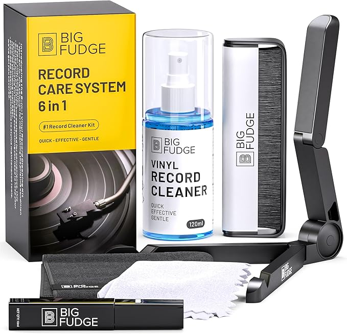 Big Fudge Complete Vinyl Record Cleaning Kit - 6-in-1 Vinyl Cleaner - incl. Carbon Fiber Brush, Stylus Cleaner, Drying Stand, Microfiber Cloth & Towel - Record Player Accessories