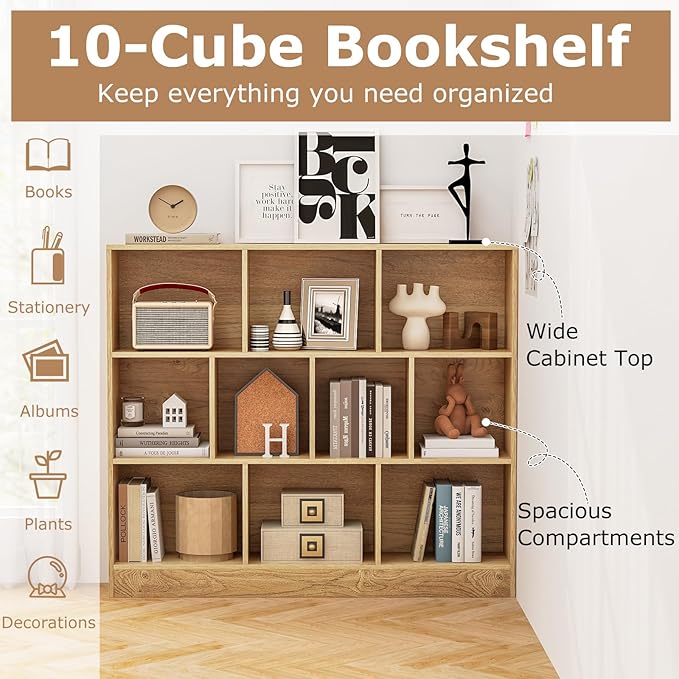 Tangkula 10-Cube Bookshelf, 47.5”L Floor Bookcase with 2 Anti-Tipping Kits, Freestanding Storage Organizer, 4-Tier Display Shelf for Home, Office & Dorms, Natural/White (Natural, 10-Cube)