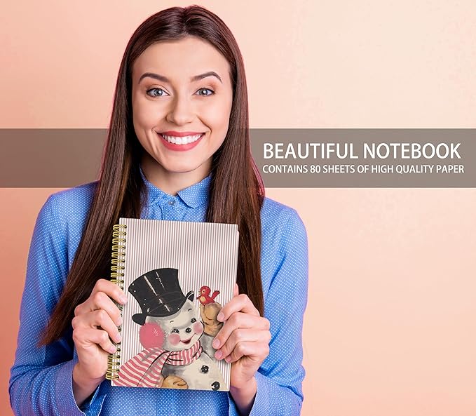 Knibeo Vintage Pink Christmas Snowman Notebook - Snowman Christmas Notebook, Pink Notebook, Merry Christmas Notebook, 5.5×8.3 Lined Paper Spiral Bound Notebook with 164 Pages