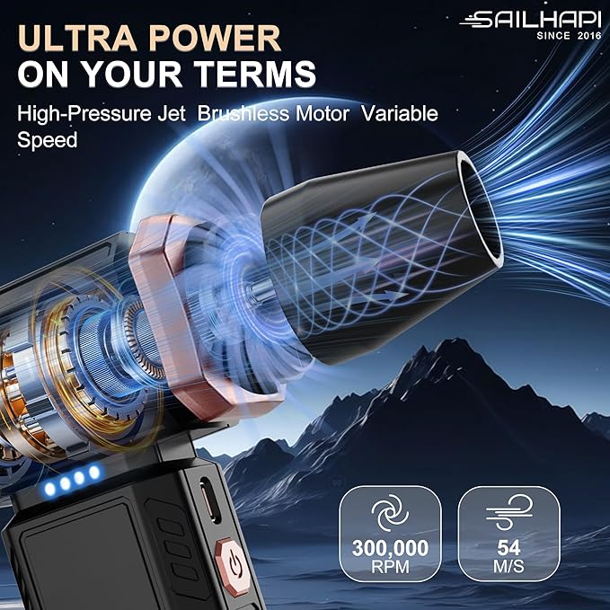 SAILHAPI Electric Air Duster, 300000RPM High-Speed Cordless Blower for Barber with Variable Speed & Brushless Motor, Portable Mini Blower for Keyboard, PC, Computer, Replaces Canned Air, Gifts for Men