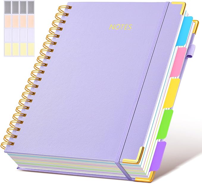 Hardcover Spiral Notebook 8.5"x11" Journal with Removable Dividers Tabs, 300 Pages Leather 5 Subject Notebook College Ruled, Large A4 Notebooks for Work School, Lined Journal for Women, A4 Purple