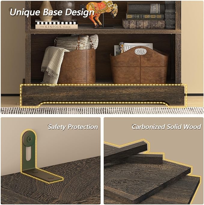TVU 6-Tier Wooden Book Shelf, Floor-Standing Display Bookcase, 77.2" H x 31.5" W x 11" D Bookshelf, Farmhouse Style Book Case with Arched Base, Suitable for Living Room, Study, Office, Rustic Brown