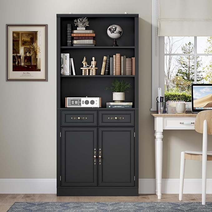 BORNOON 71.4" Tall Bookshelf with Drawers & Cabinet, 5-Tier Floor Standing Bookcase with Storage Doors, Adjustable Shelves & Metal Handles, 31.5" Wide Organizer for Home Office, Living Room
