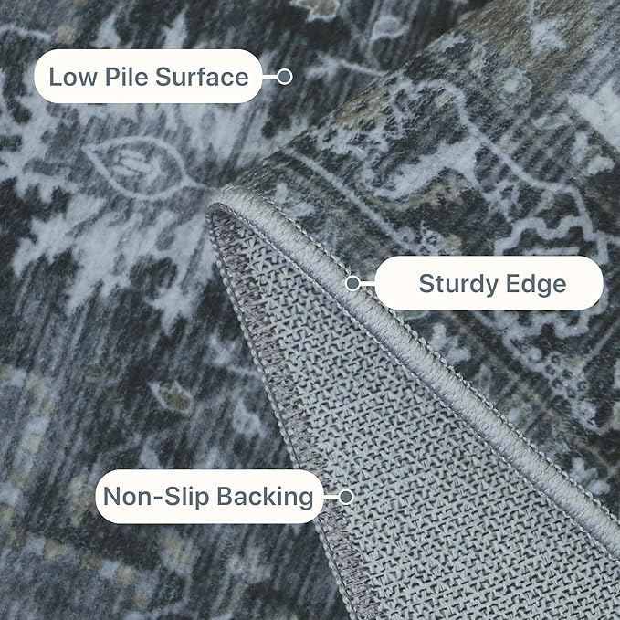 GENIMO 2'6''x8 Runner Rugs for Hallway, Machine Washable Non Slip Vintage Rugs, Low Pile Lightweight Soft Print Rug for enrtyway, Corridor, Home Office, Kitchen,Dark Gray