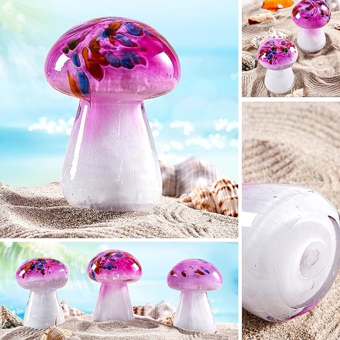 Hand Blown Glass Pink Mushrooms Paperweight for Birthday Gift,Home Decor Collectible,Garden Office Decor Lovers.