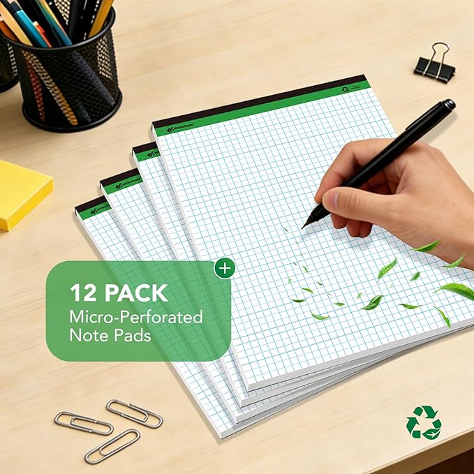 KAISA Graph Paper Legal Pads Writing Pads Recycled Paper 8.5"x11.75" Quad Ruled 4x4 Perforated 50sheets/pad Grid Paper Notepads Writing Tablet White For Office Supplies (White 6pad, 8.5x11.75'')