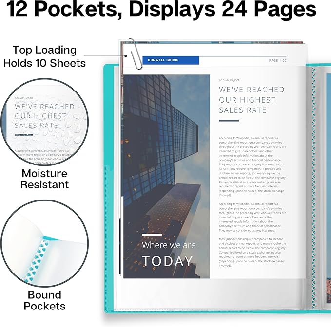 Dunwell Presentation Binder 12-Pocket, Displays 24 Pages, 8.5x11 Portfolio Binder with Plastic Sleeves, Storage and Organizer for Documents, Certificates, Projects, Photos (Aqua)