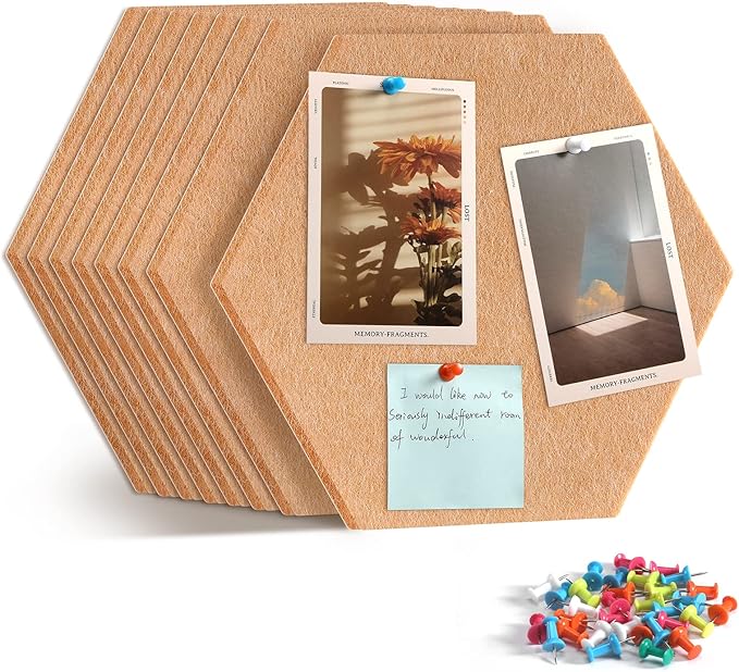 Uoisaiko 12" Large Bulletin Board with 30 Push Pins, Pack of 8 Hexagon Felt Pin Board Notice Boards for Home Office, Felt Wall Tiles for Photos Memos (Brown)
