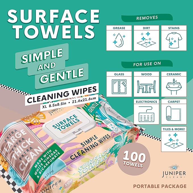 Juniper CLEAN 6 Packs Surface Cleaning Wipes, Thick & Large Dispose, All-Purpose Cleaner for Bathroom, Kitchen, Office, 600 Count Soft Flow, Biodegradable, White Soap Scent
