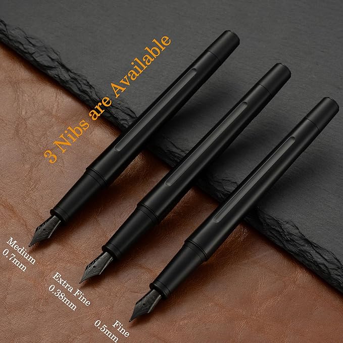 HUASHILAI Luxury Matte Black Forest Fountain Pen Set,Titanium Black Extra Fine and Medium Nibs,Includes 2 Ink Converters,10 Ink Cartridges,15ml ink，Premium Gift Case for Calligraphy (Extra Fine Nib)