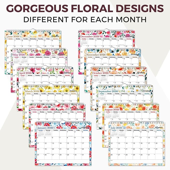 Cranbury Wall Calendar 2026 8.5x11, 12 Month Desk Calendar with Bouns Stickers and Large Writing Blocks, Premium Paper, Floral Design, 8x11 Planner 2026, Twin-Wire Binding