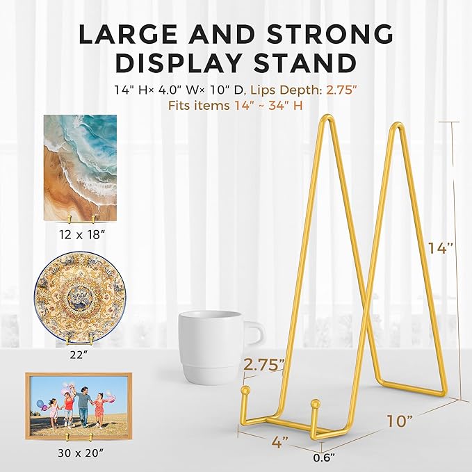 TR-LIFE 14 Inch Gold Metal Plate Stand (2 Pack) - Heavy Duty Display Easel for Large Plates, Frames, Platters and Art