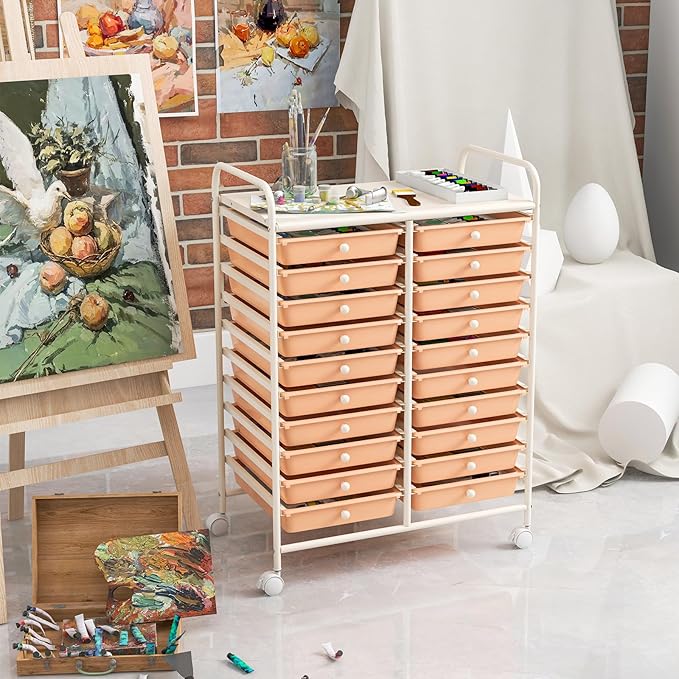 Happygrill 20-Drawer Organizer Cart Tools, Mobile Utility Storage Cart with Removable Drawers & Lockable Wheels, Rolling Storage Cart with wheels for Home Office School (Peach Fuzz)
