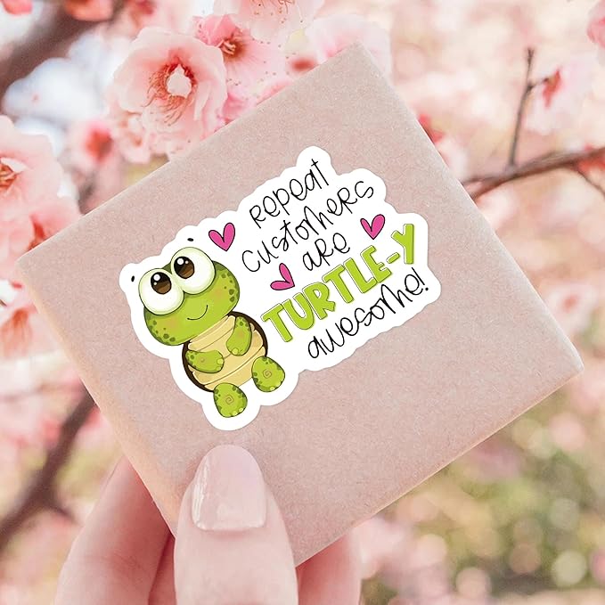 Bttwkco Cute Turtle Stickers, Repeat Customers Are The Best, 500pcs Roll, Green, Cartoon Style, Waterproof, Coated Paper, Stickers