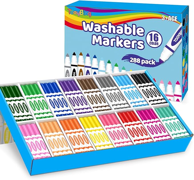 TooyBing Washable Markers Bulk (288 Count), 16 Assorted Colors, Washable Markers for Kids Classroom School, Broad Tip Durable for Back to Classroom Art School Supplies Essentials