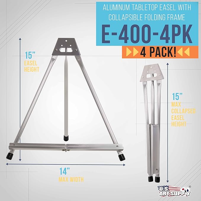 U.S. Art Supply 15" High Aluminum Tabletop Display Easel for Painting (4 Pack), Adjustable Folding Stand - Portable Art Easel for Displaying Canvas, Whiteboards, Posters, Signs, Pictures, Paintings