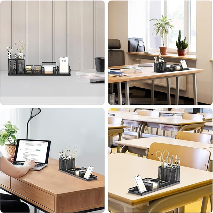 SUPEASY Pen Holder for Desk, 6 Piece Mesh Desk Organizer set for Office Organization with Mail Organizer, Letter Phone Holder, Sticky Notes Caddy Storage, Black