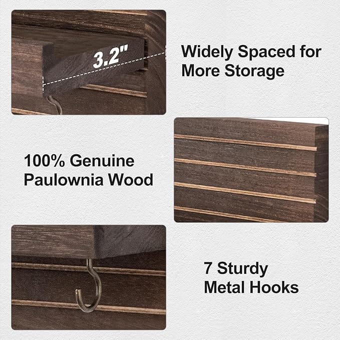 Lwenki Decorative Key Holder for Wall with Shelf, Entryway Shelf with Hooks Holds Leashes, Jackets and Glasses – Sturdy Wood Keyholder Entrance Hanger with Mounting Hardware (Brown, Large)