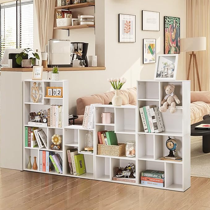 VECELO Wide Bookshelf Set, Fits 9.3" × 10-12.8" Hardcovers, Cube Storage Bookcases, Free-Standing for Living Room, Bedroom, Home Office, 2/3-Tier, 2-Pack, White