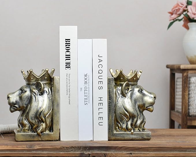 Kakizzy Vintage Gold Lion Book Ends,Animal Decorative Bookends,Resin Book Holder,Luxurious Book Ends for Shelves Rooms Office Home Decor,Unique Book Lover Gift(Gold Lion)