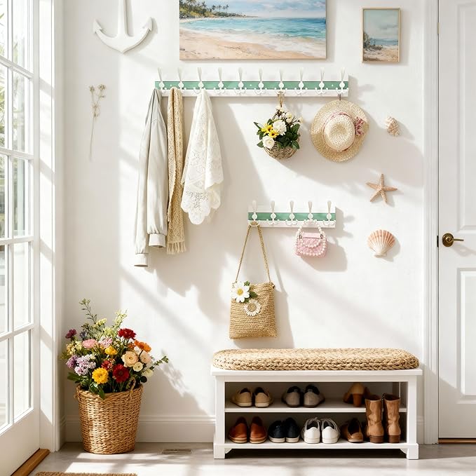 SKOLOO Coastal Coat Rack Wall Mount-38-1/8 Beach House Entryway Wooden Coat Hook with 10 Hooks for Hanging Coats, Hats or Towels, Oceanfront Cottage Core Collection, White & Green, Pack of 2