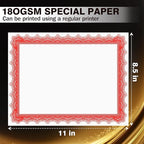 50 Sheets Red & White Certificate Papers, Letter Size 8.5x11, for Printing, Diploma Paper, Award, Document Cardstock Paper, Inkjet Printer Compatible