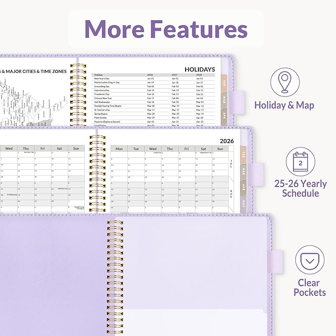 SUNEE 2026 Planner, Weekly and Monthly Calendar Planner 9"x11.2"- 12 Month (January 2026 - December 2026), Vegan Leather Cover, Pocket, Bookmark, Notes, Monthly Tab, Purple
