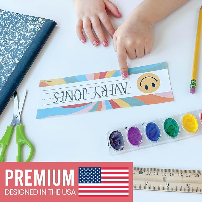 Desk Name Tags for Classroom -25 Student Name Plates for Classroom Kindergarten, Preschool, 1st, 2nd & 3rd Grade, 9x3 Teacher Nameplates for Student Desks & Cubbies, Retro Nametags