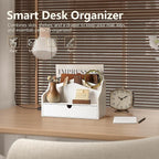 Rebee Vision Pine Wood Mail Organizer for Desk - Charming Farmhouse Countertop Mail Sorter for Office & Home Decor - Wooden Desk Organizer with Drawer for Letters, Files & Magazines(White)