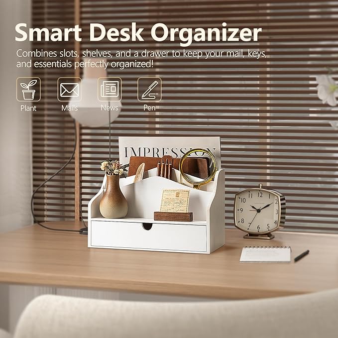 Rebee Vision Pine Wood Mail Organizer for Desk - Charming Farmhouse Countertop Mail Sorter for Office & Home Decor - Wooden Desk Organizer with Drawer for Letters, Files & Magazines(White)
