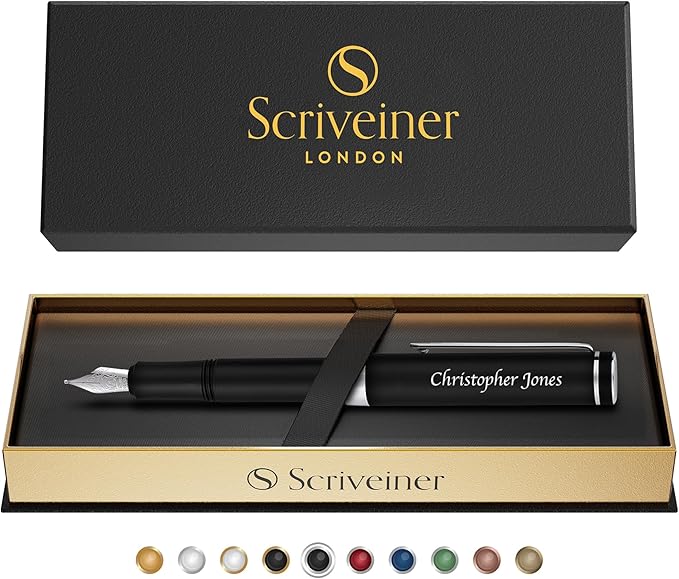Scriveiner Personalized Luxury EDC Fountain Pen (Medium), Stunning Matt Black Pocket Pen, Chrome Finish, Schmidt German Nib, Best Engraved Fountain Pen Gift Set for Men & Women, Name Engraving