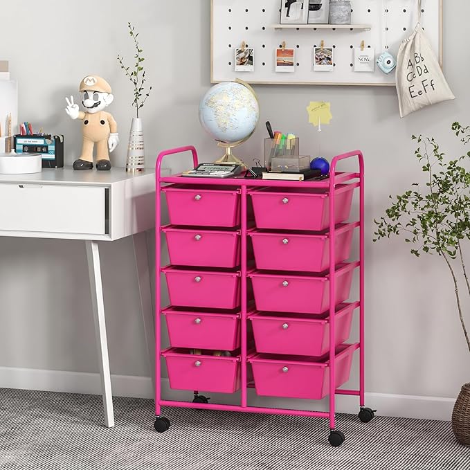 GLACER 10 Drawer Rolling Cart, Storage Cart with Lockable Whieels & Metal Frame, Trolley for Art Craft Oganizer, Mobile Utility Cart for Office, School, Classroom, Kitchen (Hot Pink)