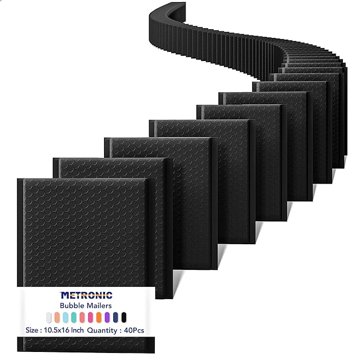 Metronic Large Bubble Mailers 10.5x16" 40 Pack Self Seal Black Padded Envelopes Strong Adhesion Mailing Envelopes Bubble Padded for Small Business Shipping Books Clothes Gifts