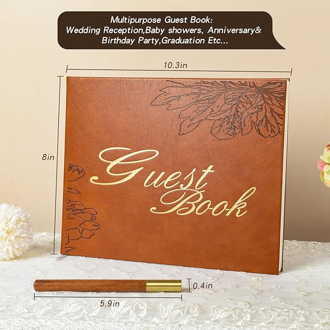 Leather Wedding Guest Book,Visitor Log Guest Book for Vacation Home,Wedding Reception,Funeral,Party,Memorial Service,10.3x8'' Embossed Open House Guest Sign in Book with Wood Grain Pen for Guests