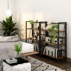 4NM No Assembly Folding Bookshelf Storage Shelves 3 Tiers Vintage Bookcase Standing Racks Study Organizer Home Office (Rustic Brown Black)