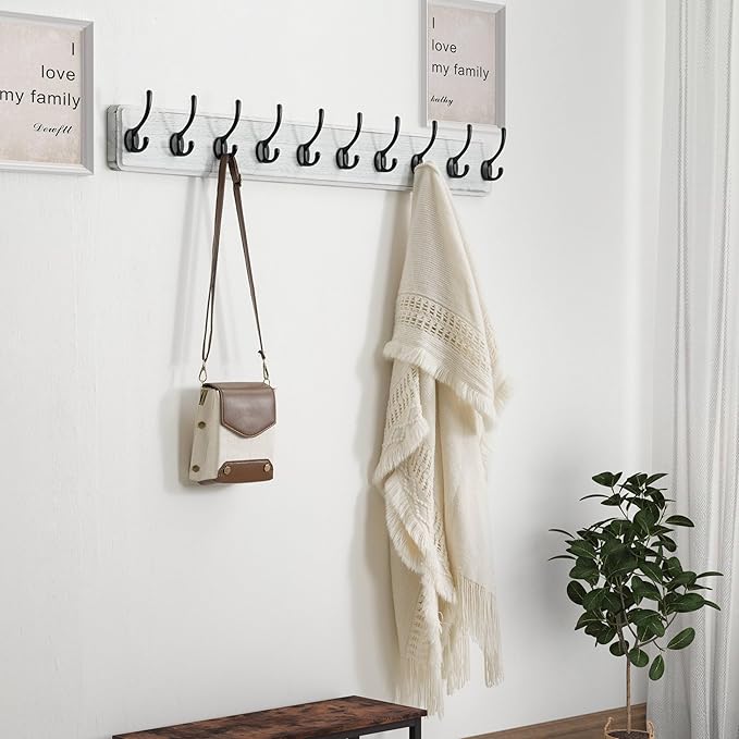 Dseap Coat Rack Wall Mount: 38-1/4" Long, Patented, Heavy-Duty, 10-Double-Hooks Wooden Hanger Rail for Winter Coats Hat Jacket Clothing, White & Black