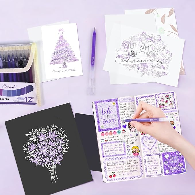 CAISEXILE 12 Purple Glitter Gel Pens Set, 1.0 mm Fine Point for Black Paper & White Paper, Large Capacity Pens for Journaling, Adult Coloring Books, Drawing, Note Taking, Highlighting