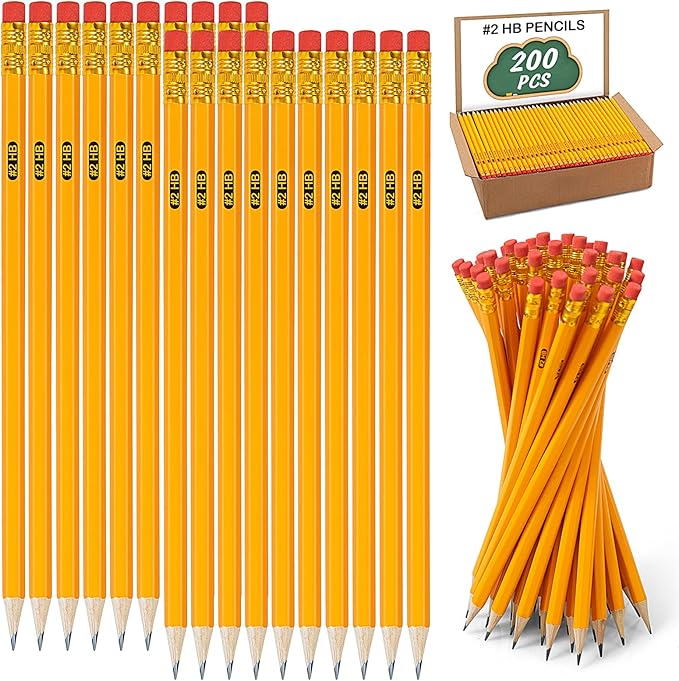 IKAYAS 200 Pack Yellow Sharpened Pencils with Erasers for Kids, 2 Pre-sharpened Number 2 Pencils for Classroom and Office, Writing, Drawing and Sketching (Wood-Cased)