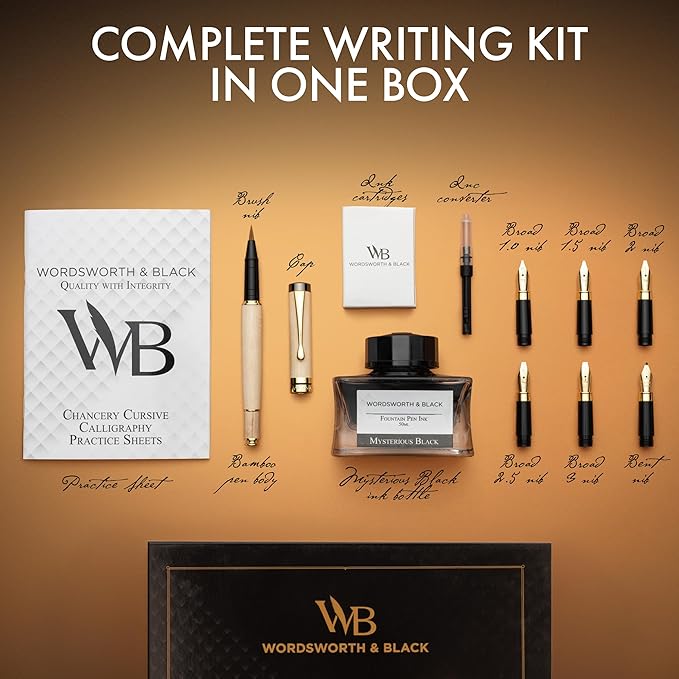 Wordsworth & Black Calligraphy Pen Gift Set, Includes Ink Bottle, 6 Ink Cartridges, Ink Refill Converter, 6 Replacement Nibs, Luxury Bamboo, Journaling, Smooth Writing Pens [Maple Wood]