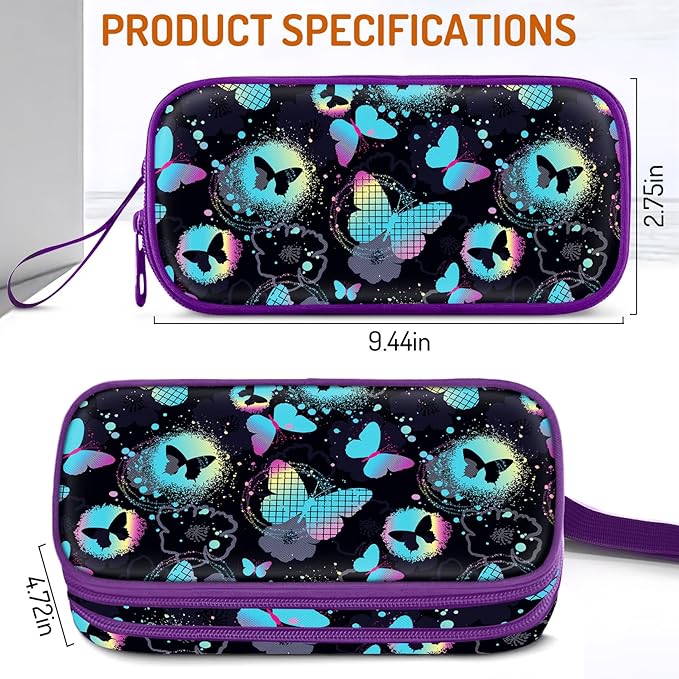 Cute Pencil Case for Girls, Large Girls Pencil Pouch for School Supplies, Portable Butterfly Pen Bag, Aesthetic Pen Box with Zipper, 2 Compartments Stationary Organizer for Kids Teens Students Adults