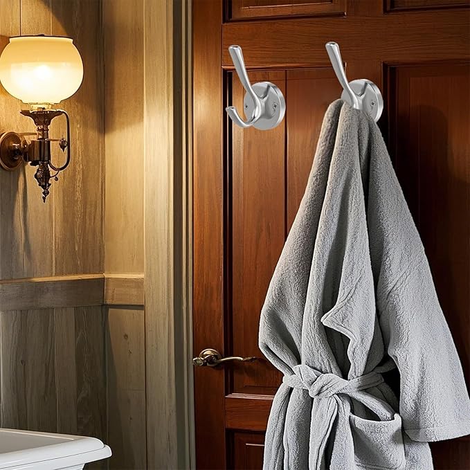 TOFIIGREM Brushed Nickel Wall Hooks Towel Hooks, 2 Pack Coat Robe Hook Heavy Duty Bathroom Double Hook Wall Mounted, Hand Towel Hooks for Closet Entryway Cubicle Kitchen