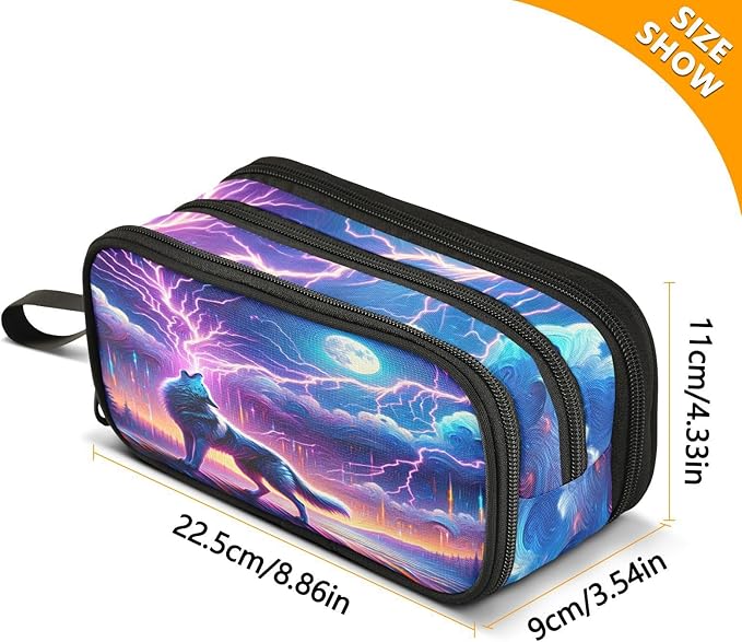 Wolf Howling Moon Lightning Pencil Case Box Boys Girls Large Pencil Pouch with Zipper Compartments Big Capacity Stationery Pen Bag Organizer for Kids Teens Adults School