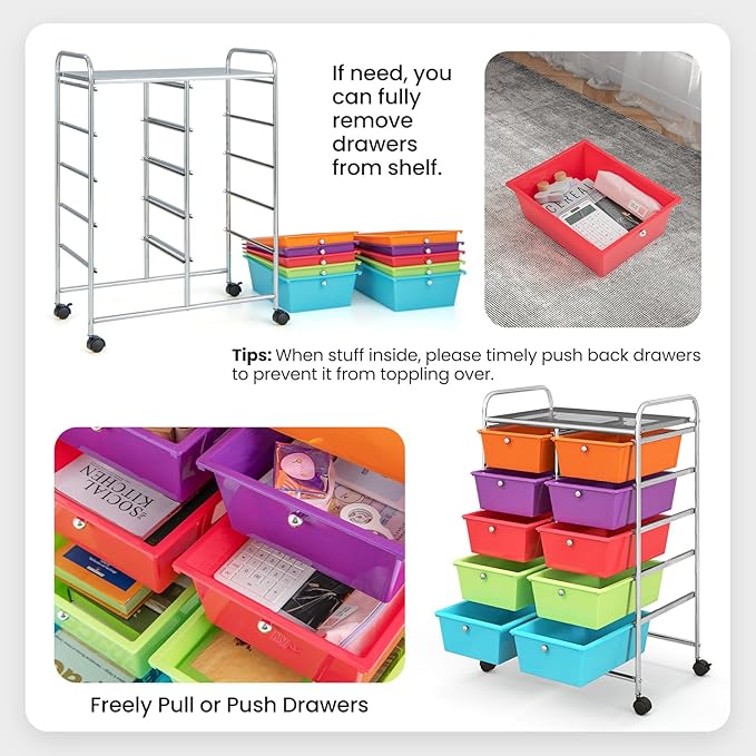 GLACER 10 Drawer Rolling Cart, Storage Cart with Lockable Whieels & Metal Frame, Trolley for Art Craft Oganizer, Mobile Utility Cart for Office, School, Classroom, Kitchen (Rainbow Color)
