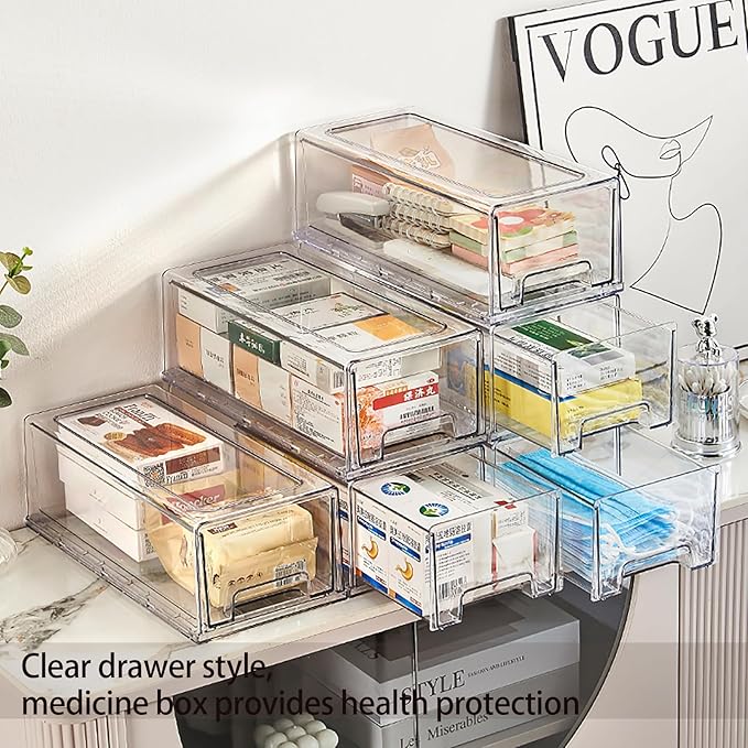Sgoostood 2 Pack - Clear Pulling Medicine Drawer First Aid Kit Box for Bathroom, Cabinet, Closet,Medicine Organizer, Medicine Storage Box Adhesive Bandages Family Emergency Kit (L drawer)