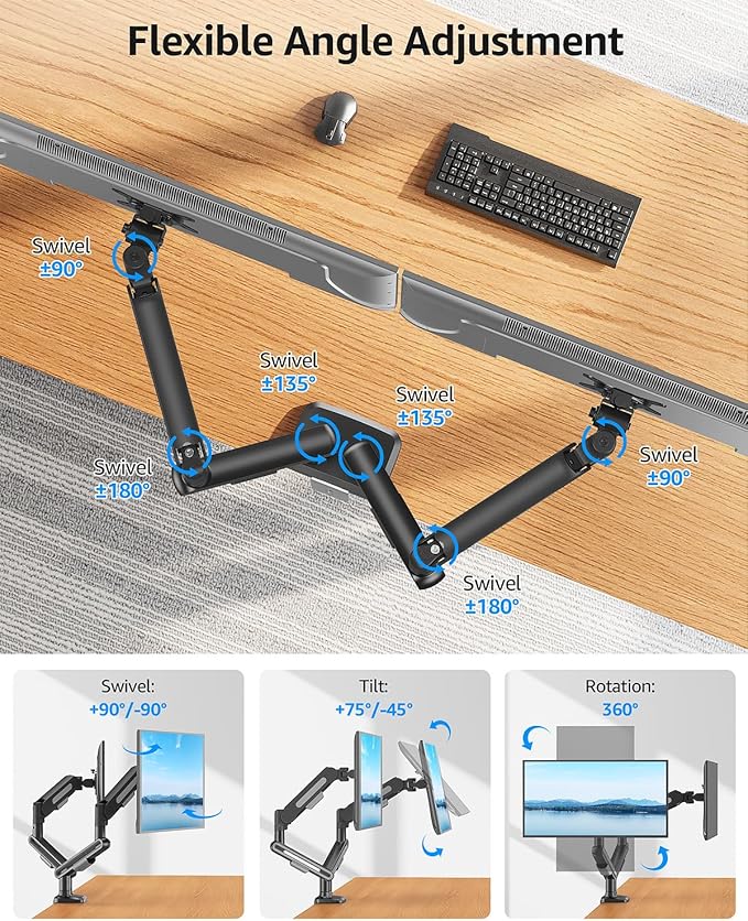 MOUNTUP Dual Monitor Mount Holds 4.4-26.5lbs, Heavy Duty Monitors Arm for 39 37 34 32 27inch,Double Monitor Stand for 2 Monitor, Height Adjustable Monitors Desk Mount with C-Clamp＆Grommet Base