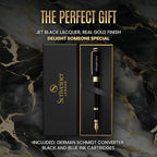Scriveiner Personalized Black Fountain Pen - Stunning Luxury Pen, Jet Black Lacquer, Real Gold Plating, German Schmidt Nib (Medium), Best Engraved Gift Set for Men & Women, Name Engraving