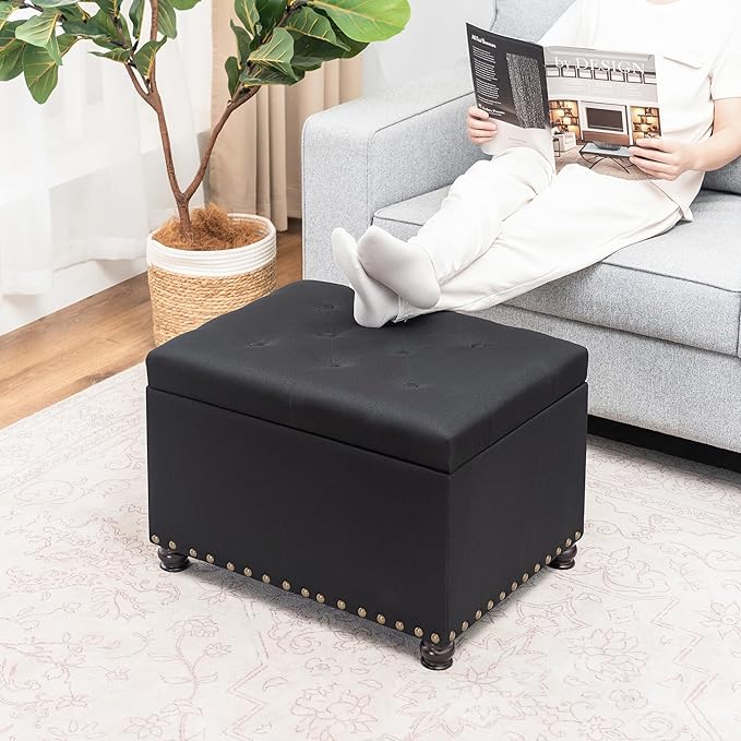 Decent Home 24" Storage Ottoman, Fabric Ottoman Foot Rest Stool with Hinged Lid, Tufted Rectangle Upholstered Footstool, Load Up to 350 lb, for Living Room, Bedroom, Dorm, Black
